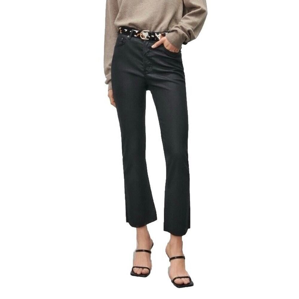 Zara The Dreed Flare Cropped Jeans Coated Black Size 10